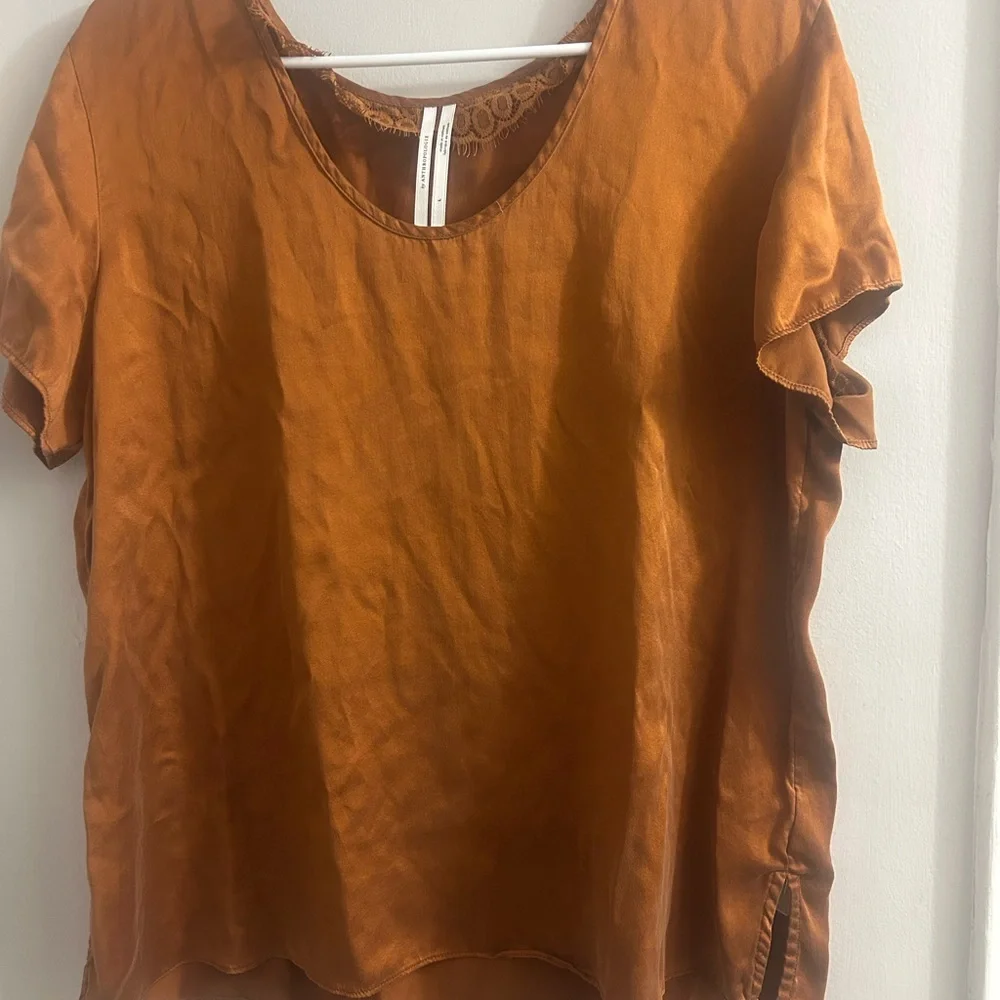 Anthropologie 100% silk Burnt Orange Short Sleeve Tee - Picture 2 of 10